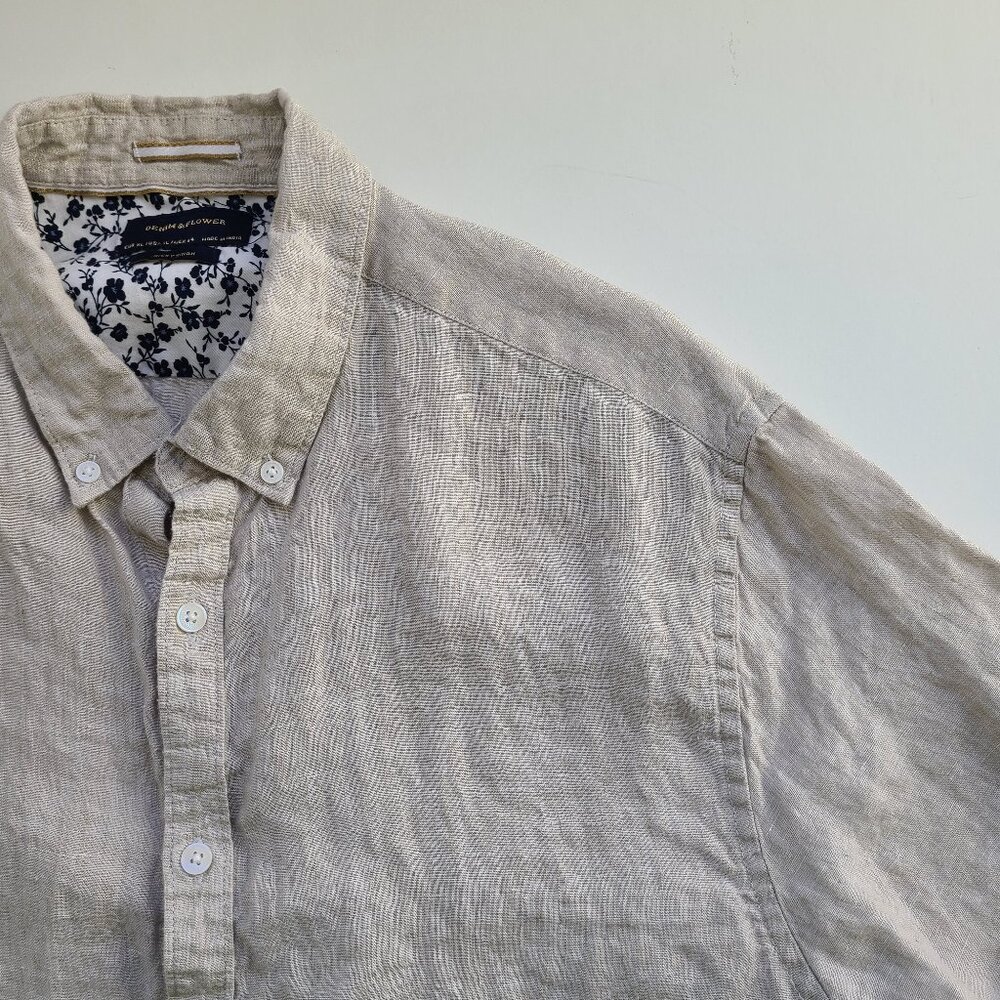Denim & Flower Men's 100% Linen Shirt XL Ricky Singh Beige Khaki Short Sleeves
